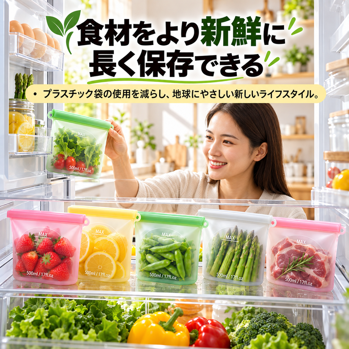 繰り返し使えるシリコン保存袋｜二重密閉・自立式・冷凍＆電子レンジ対応